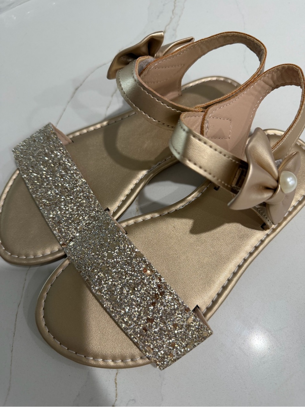 Metallic Gold Glitter Strap Sandals with Bow
